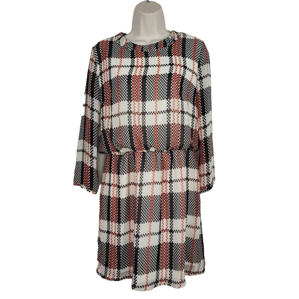 Honey Punch Sheer Blouson Dress Women Size M Cream Red Black Plaid Long Sleeve